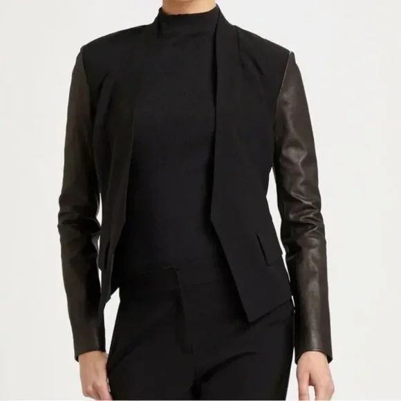 St. John Caviar Black Lamb Leather Open Front Blazer Jacket - Picture 3 of 16